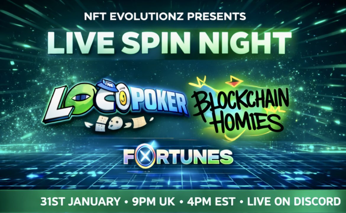 Saturday 31st January is a full NFT Evolutionz event night.

Live spins
NFT giveaways
Fortunes Plinko launch
Blockchain homies Mint on Coreum

Plus poker freeroll access for attendees.

Join in Discord: discord.gg/nfte