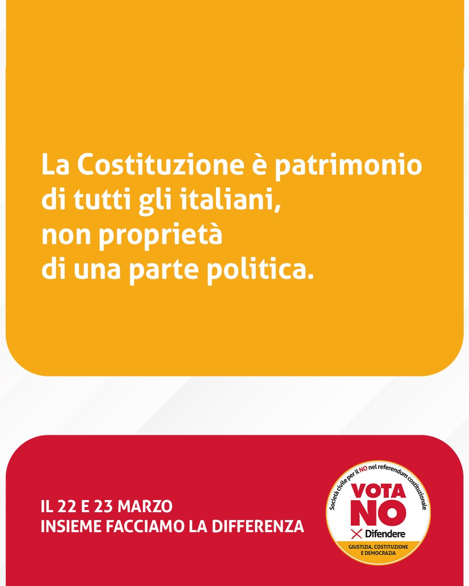 cgilnazionale's tweet photo. “La Costituzione è patrimonio di tutti gli italiani, non proprietà di una parte politica”

La Legge Meloni/Nordio stravolge la Costituzione e mette a rischio l’autonomia della magistratura, compromettendo l’equilibrio tra i poteri dello Stato. Con un obiettivo preciso: sottoporre la magistratura al condizionamento del governo e indebolire i controlli su chi esercita il potere. La legge Meloni/Nordio, con Autonomia differenziata e Premierato, è parte di un disegno più ampio di profondo e radicale cambiamento della nostra Repubblica democratica. Il risultato è una Giustizia dura con i deboli e indulgente con i potenti. L’autonomia della magistratura non è un privilegio, ma una garanzia di uguaglianza per tutti. 
Per difendere la Costituzione e una Giustizia imparziale il 22 e 23 marzo VOTIAMO NO al referendum sulla Legge Meloni/Nordio.

👉 https://t.co/Kc0bRmOPiS