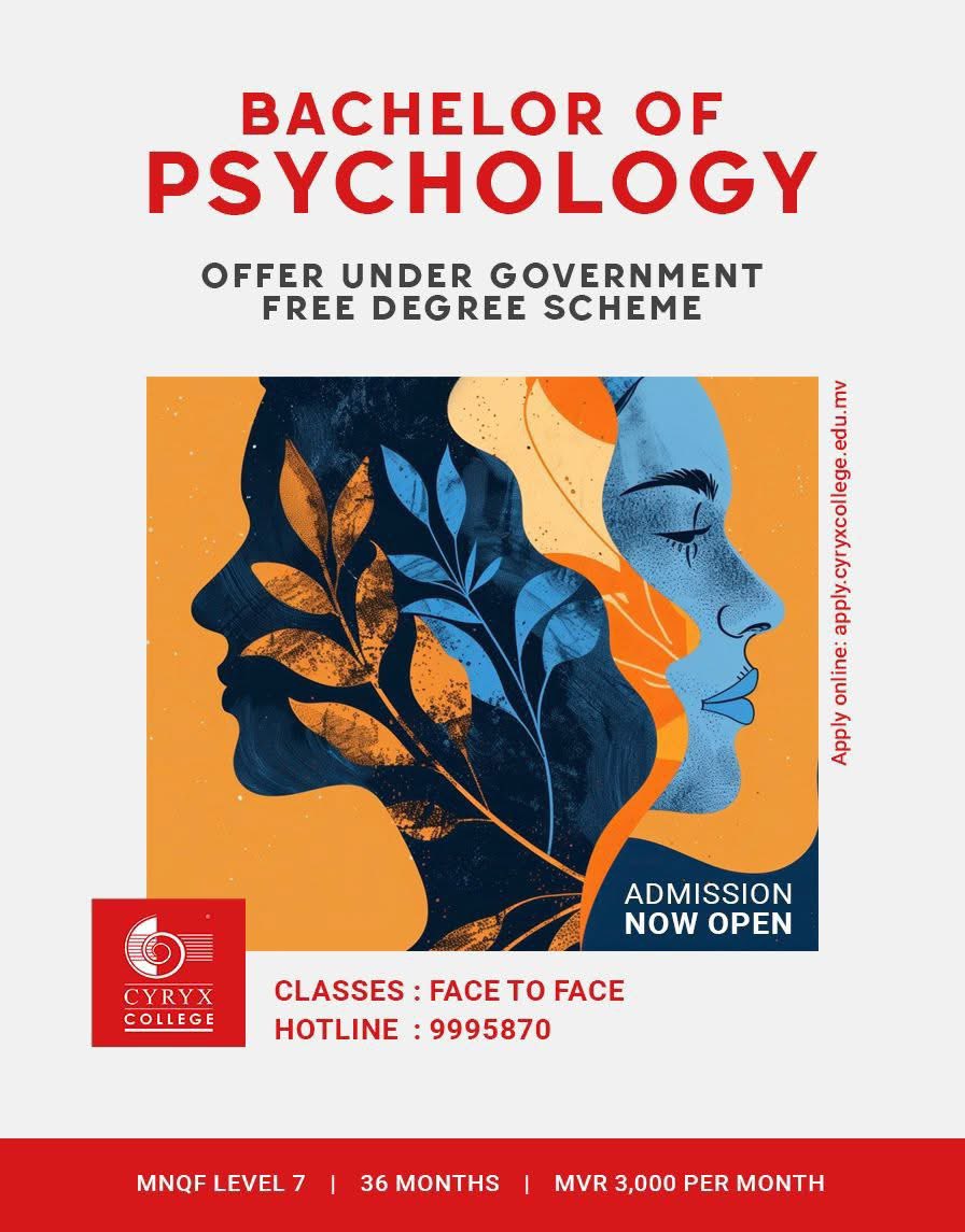Enroll in the Bachelor of Psychology at Cyryx College. Shape your future in psychology with a degree designed to inspire, challenge, and prepare you for success.

Apply online today: apply.cyryxcollege.edu.mv
Application deadline: 5th February 2026
#CyryxCollege #Psychology