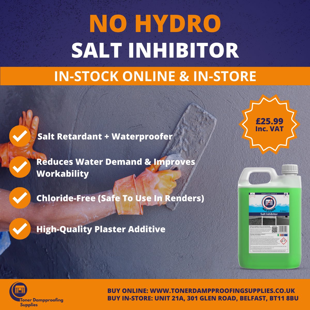 Replastering after a DPC? Don’t let hygroscopic salts ruin the finish. ✅
No Hydro Salt Inhibitor (5L) is a high-spec plaster/render additive that helps retard salts and waterproof sand/cement renders, reducing water demand and improving workability and it’s chloride-free.