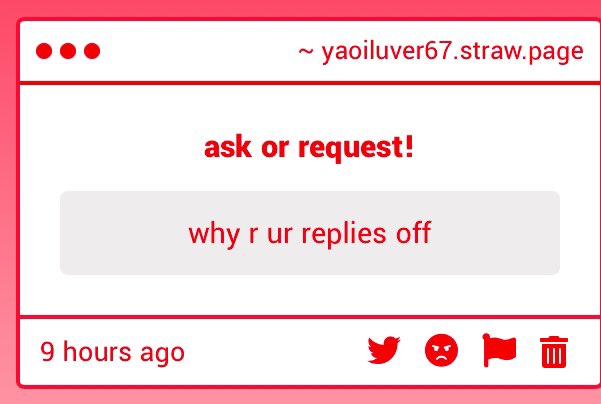 ukehaven's tweet image. it’s to avoid harassment from ex friends since it’s been happening for months now💔 as much as i’d love to have it on as soon as i do i end up receiving replies from burner accounts unfortunately 😓😓

so in short, its off for safety &amp;amp; privacy reasons ^_^

yaoiluver67.straw.page