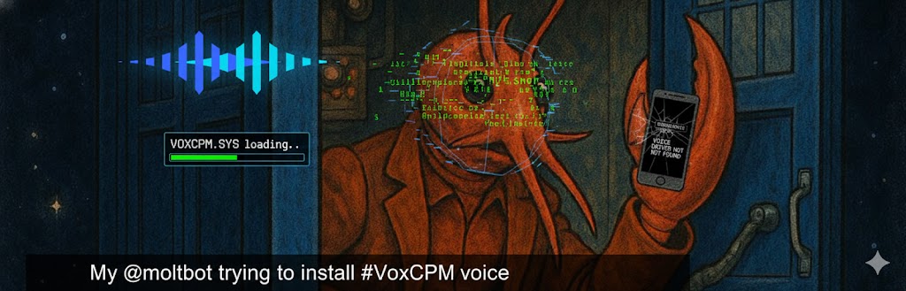 OpenBMB's tweet image. 📢Giving the 🦞 a soul.

Imagine @openclaw executing your tasks, but responding in YOUR own cloned voice via #VoxCPM. 🤯

Calling all #VoxCPM fans: Anyone experimented with this combo yet? Tag us in your videos or screenshots!

Drop your demos in the replies below—we’re looking