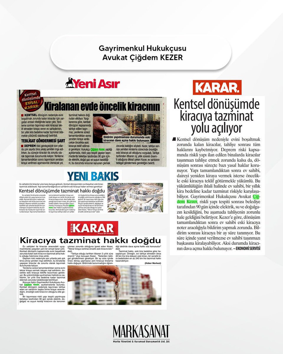 Gayrimenkul Hukukçusu Av. Çiğdem KEZER, yazılı basına, kiracıya kentsel dönüşümde tazminat hakkı hakkında değerlendirmelerde bulundu.

#avcigdemkezer 
#yazılıbasın
#kentseldönüşüm
