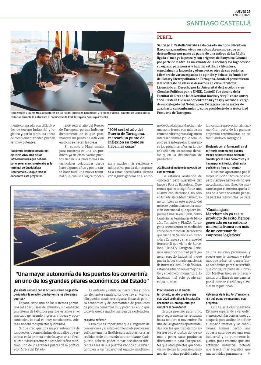 PortTarragona's tweet photo. Avui compartim la visió del nostre president, Santiago J. Castellà, a les pàgines de @diariodelpuerto. 

🔎 Una anàlisi sobre com estem transformant el Port per convertir-lo en un hub logístic de referència, sostenible i connectat.

➡️ No us perdeu l'entrevista completa: https://t.co/MJV4XoxS67