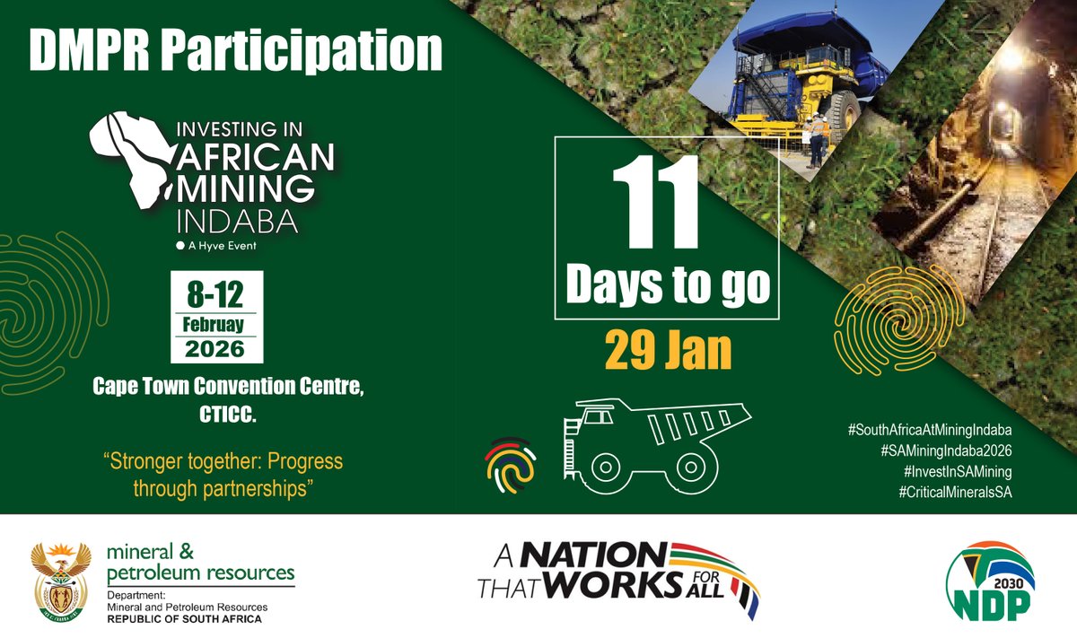 [🇿🇦 𝐒𝐨𝐮𝐭𝐡 𝐀𝐟𝐫𝐢𝐜𝐚 𝐚𝐭 𝐭𝐡𝐞 𝟐𝟎𝟐𝟔 𝐌𝐢𝐧𝐢𝐧𝐠 𝐈𝐧𝐝𝐚𝐛𝐚]

The <a href="/DMPR_ZA/">Department of Mineral and Petroleum Resources ‏</a> is gearing up for the 2026 Investing in African Mining Indaba.

Join us as we engage investors, explore critical minerals value chains, and drive sustainable growth for South Africa. 

▶️