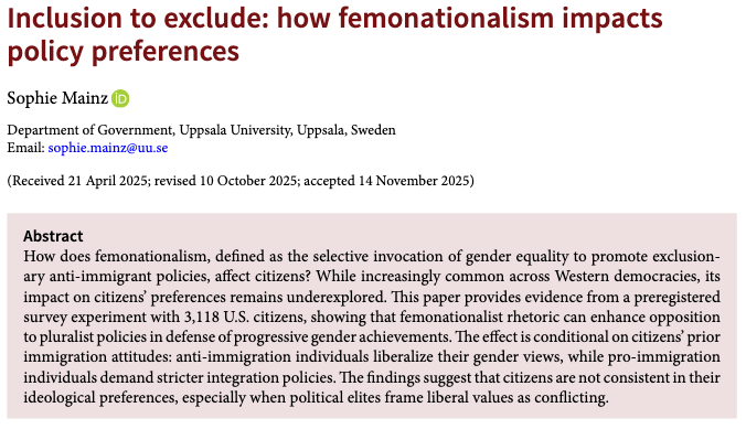 PSRMJournal's tweet image. 🚺 How does femonationalism affect public opinion?

➡️Using a US survey experiment, S Mainz shows that femonationalist rhetoric boosts opposition to pluralist policies by invoking progressive gender achievements cambridge.org/core/journals/… #FirstView