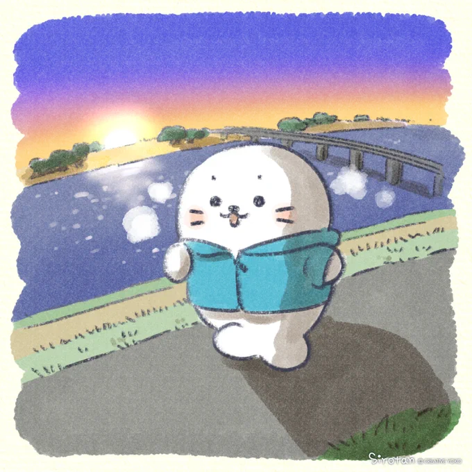 いつもより早くおきたから、お外を走ってみたよ。 冷たい空気がからだに入ってきて、きもちいい だんだん明るくなっていく景色も素敵だな～ #しろたんのまいにち #しろたん