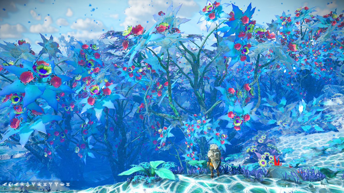 零下60℃の春。
花が粉々に砕けてしまわないのは、特殊な樹液のおかげです。
舐めると、不凍ウィンド・ウォッシャー液の味がします。
#NoMansSky #ノーマンズスカイ