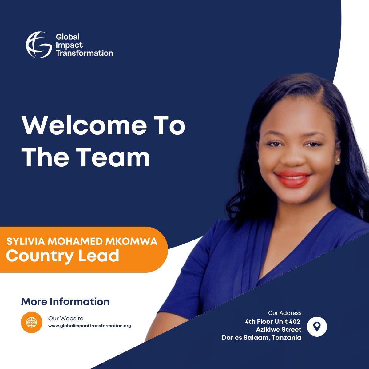 We are proud to officially introduce Ms. Sylvia Mkomwa  as the Country Lead for Global Impact Transformation (GIT)

Sylvia brings exceptional leadership, vision, and a strong commitment to advancing inclusive development, youth and women empowerment, and sustainable,