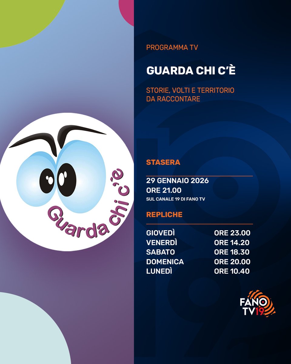 Questa sera, giovedì 29 gennaio, alle ore 21.00, ritorna l'appuntamento con la 17ª edizione del programma "guarda chi c'è".
Appuntamento sul canale 19 di FanoTV, visibile in tutta la Regione Marche. #fanotv