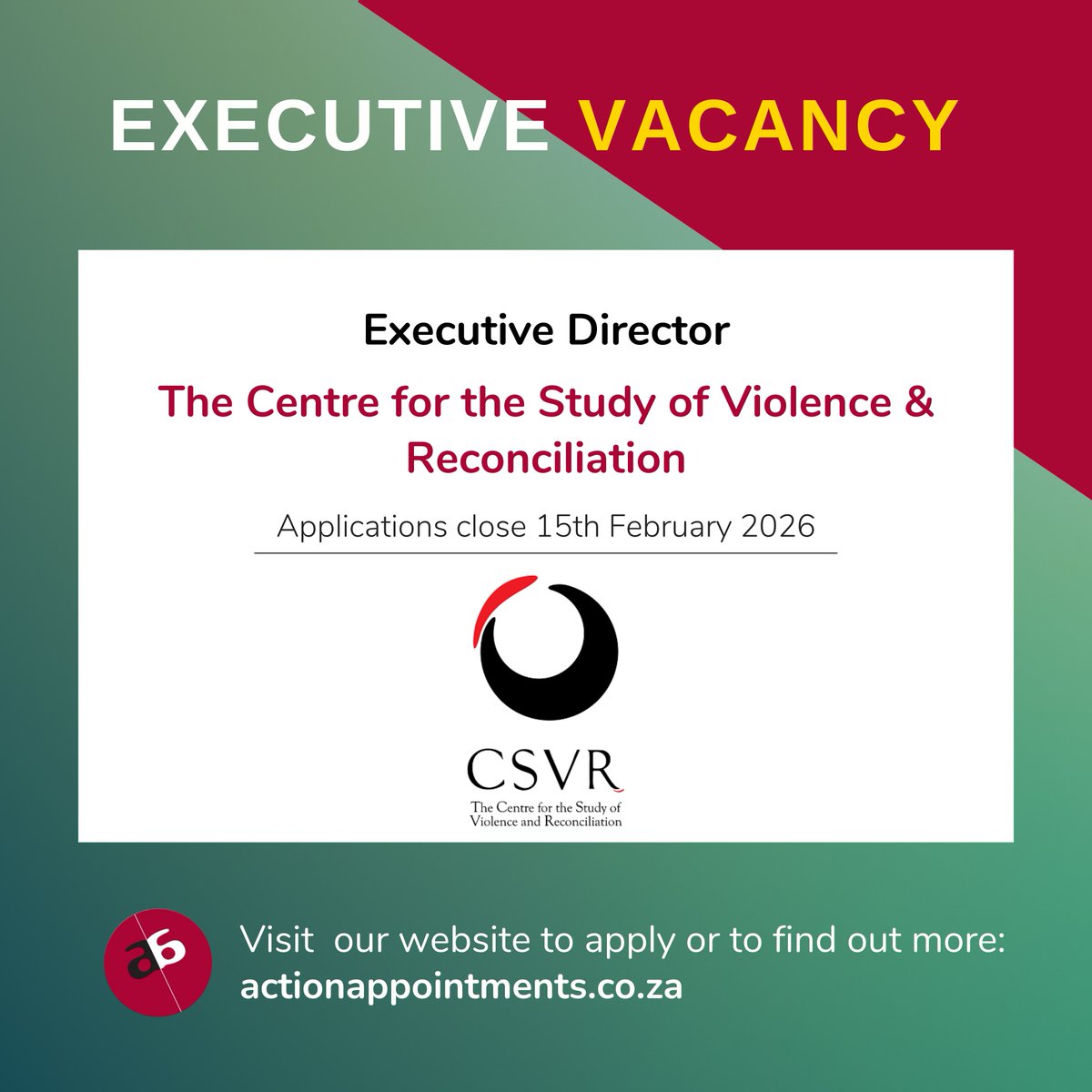 actionappntmnts's tweet photo. EXECUTIVE VACANCY! Action Appointments is recruiting an Executive Director for CSVR, based in Johannesburg.
For more info, visit the link below:
https://t.co/HOjBFzfSCp

#Hiring #CSVR #ExecutiveDirector #ExecutiveVacancy #ViolenceAndReconciliation #NonprofitRecruitment https://t.co/h2NtbUB85R
