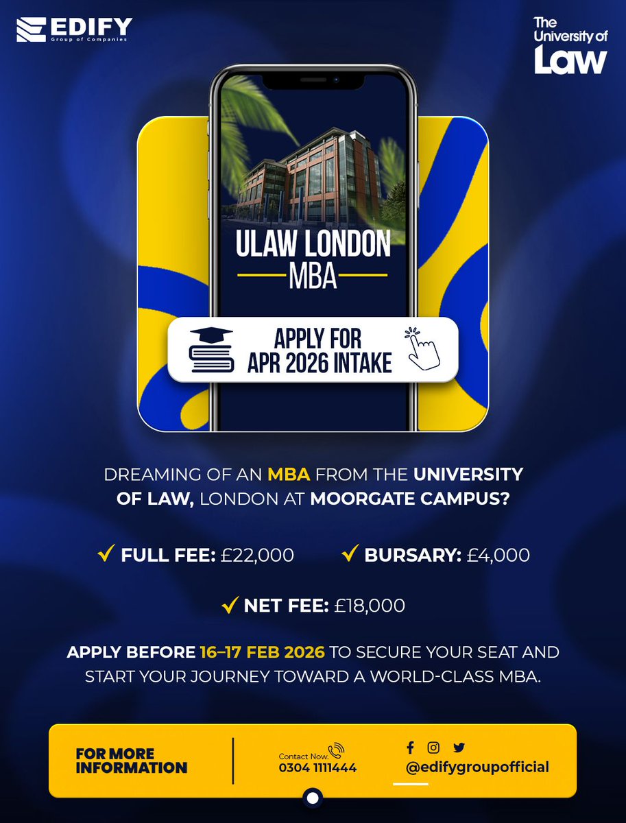 𝗨𝗟𝗮𝘄 𝗟𝗼𝗻𝗱𝗼𝗻 𝗠𝗕𝗔 𝟮𝟬𝟮𝟲: 𝗬𝗼𝘂𝗿 𝗣𝗮𝘁𝗵 𝘁𝗼 𝗚𝗹𝗼𝗯𝗮𝗹 𝗕𝘂𝘀𝗶𝗻𝗲𝘀𝘀 𝗦𝘂𝗰𝗰𝗲𝘀𝘀 🎓 

#ULawLondonMBA #MBA2026 #BusinessLeadership #CareerGrowth #HigherEducation #StudyInLondon #EdifyGroup #FutureLeaders #MBAJourney #ApplyNow