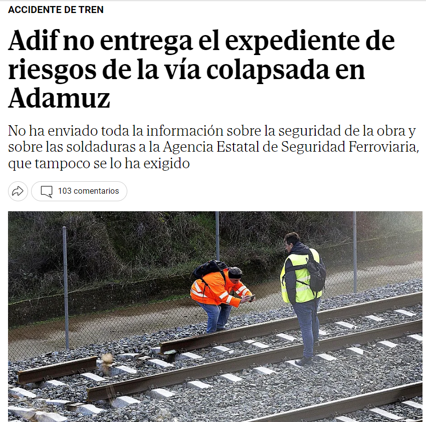 Hispania_Semper's tweet photo. No sé qué esperamos. Si Begoño no le ha entregado su pasaporte al juez Peinado tras cuatro meses solicitándoselo, no sé por qué Adif iba a entregar ningún expediente a nadie sobre el tercermundista estado de las vías del AVE a su paso por Adamuz. Por cierto, 11 días desde el atentado, Puentelopitecus sigue de ministro y ya tenemos a 500.000 nuevos 'amegos' entre nosotros que nos van a pagar las pensiones. Todo en orden.