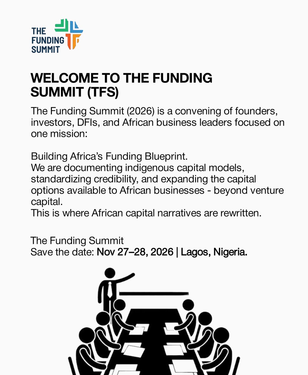 Tfsbyhonvia's tweet photo. Welcome to The Funding Summit
Date:
Nov 27–28, 2026 | Lagos, Nigeria
This is not another pitch event. This is a capital re-engineering summit focused on building
#TheFundingSummit #AfricanFundingBlueprint #CharacterEquity #AfricanEntrepreneurs #AlternativeCapital #BuildAfrica https://t.co/pVfmO2yyeB