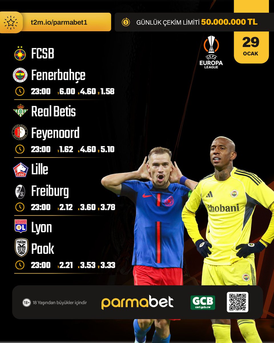 Parmabet23's tweet photo. 🏆 Avrupa Ligi'nde En Yüksek Oranlarla Bahis Heyecanı Parmabet'te!

⚽️ FCSB 🆚 Fenerbahçe
⚽️ Real Betis 🆚 Feyenoord
⚽️ Lille 🆚 Freiburg
⚽️ Lyon 🆚 Paok

🔗 Parmabet'e ulaşmak için:  https://t.co/qdUCKpWFXx https://t.co/S4zfgDSiND