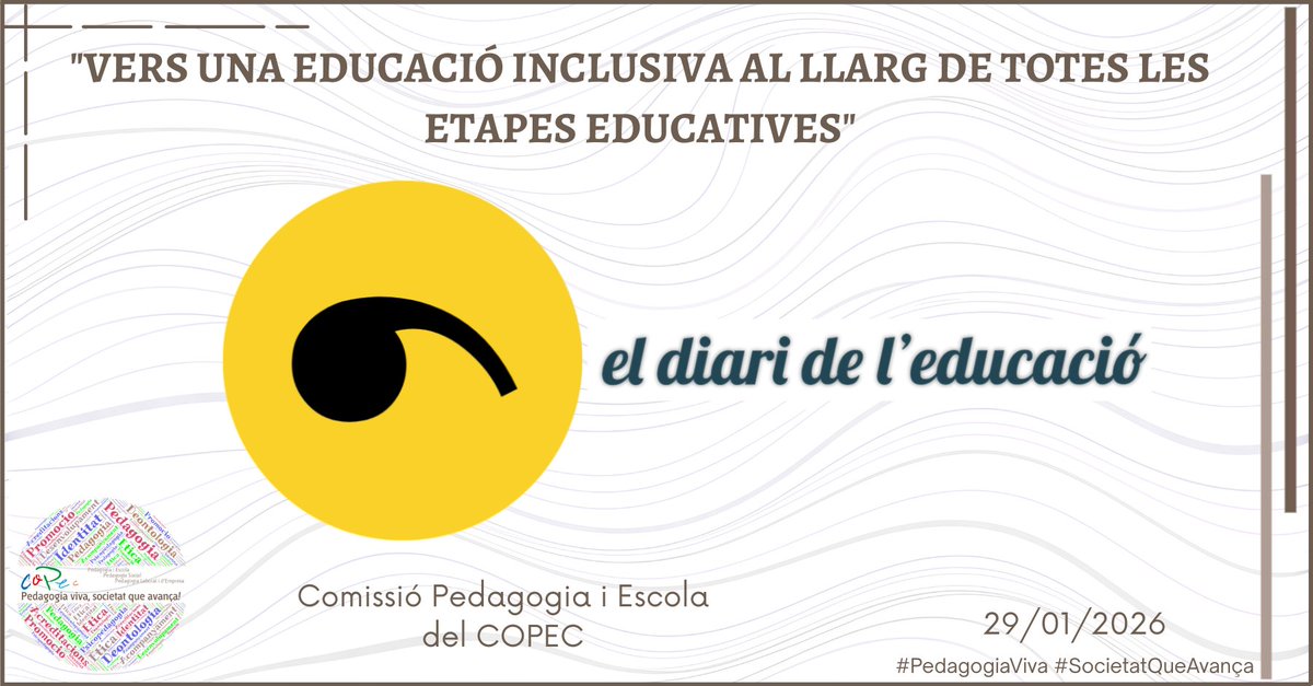 📘 ARTICLE AL <a href="/DiariEducacio/">Diari de l'Educació</a> de la Comissió de Pedagogia i Escola del COPEC:

👉 La inclusió educativa és un compromís pedagògic i ètic, i les pedagogues i els pedagogs tenen un paper clau en totes les etapes educatives.

Llegeix-lo a: pedagogs.cat/reg/ca/6944
#PedagogiaViva