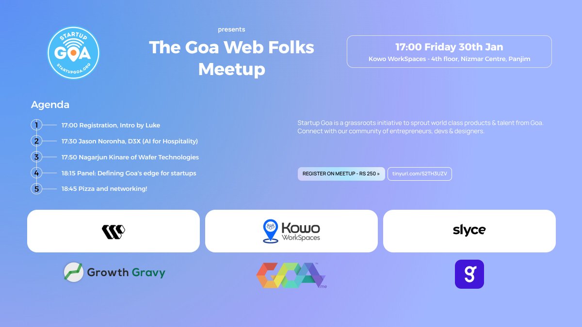 🚨Are you a designer, developer, creator, builder or entrepreneur?🚨

If you're in Goa this Friday, please join us for our first in-person event of the year:

☀️Goa Web Folks Meetup!☀️
*Fri 5pm at Kowo Workspace Panjim*

meetup.com/goa-web-folks/…

See you!