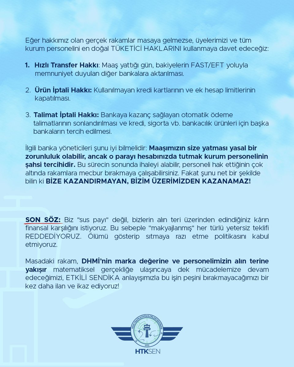 MAKYAJI BIRAKIN, GERÇEKLERİ GÖRÜN: BU TEKLİFİ REDDEDİYORUZ!

Promosyon görüşmeleri sürecinde ilgili banka tarafından kuruma yapılan son "güncelleme" teklifiyle, mevcut teklifinin üzerine 20.000 daha ekleyerek süreci oldubittiye getirme çabasında olduğu öğrenilmiştir. Bu teklif,