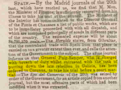Puig Samper foi o general lealista que a Revoluçom Galega de 1846 derrotou na batalha de Sigüeiro. O Capitám Geral proibira-lhe daquela entrar na Corunha para ocultar o fracasso. Depois foi acusado de morno em conselho de guerra, como apanhou Lincolnshire Chronicle de 05-06-1846.