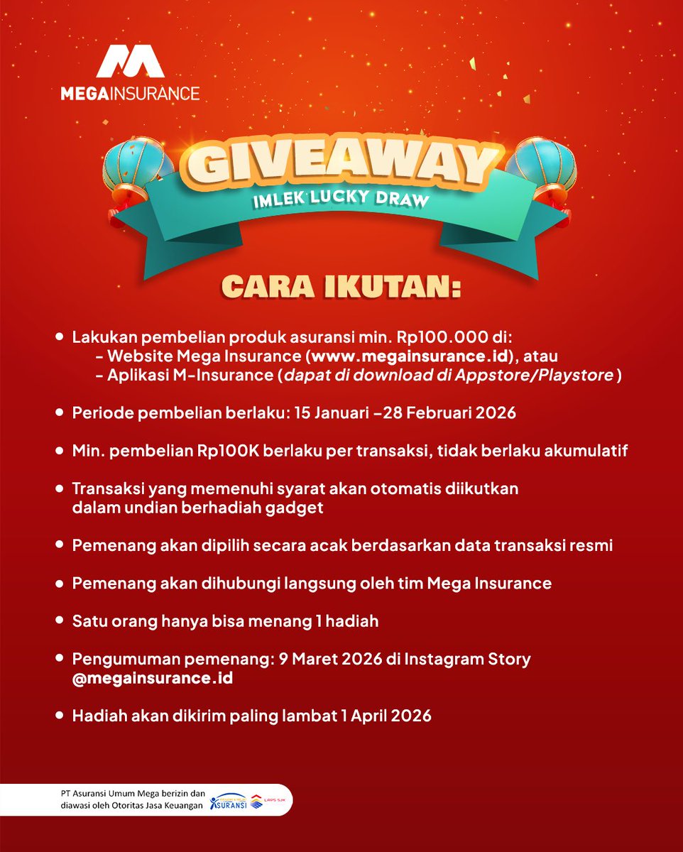 MEGAInsuranceID's tweet photo. 🧧 Tahun baru, gadget baru? Bisa banget!

Beli asuransi mulai Rp100.000 di aplikasi M-Insurance atau website Mega Insurance, dan kamu punya kesempatan menang berbagai gadget keren. 

Cara lengkapnya cek image ya 😄 https://t.co/FOh65bumch
