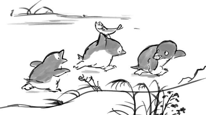 鳥獣戯画のような…ペンギン…🐧🤔 