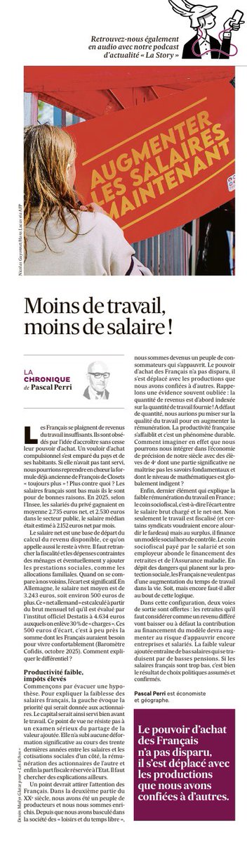 Pourquoi les salaires (net) sont-ils plus bas en France ? Question simple, réponses simples : quantité de travail, productivité du travail faible, État providence! <a href="/LesEchos/">Les Echos</a>