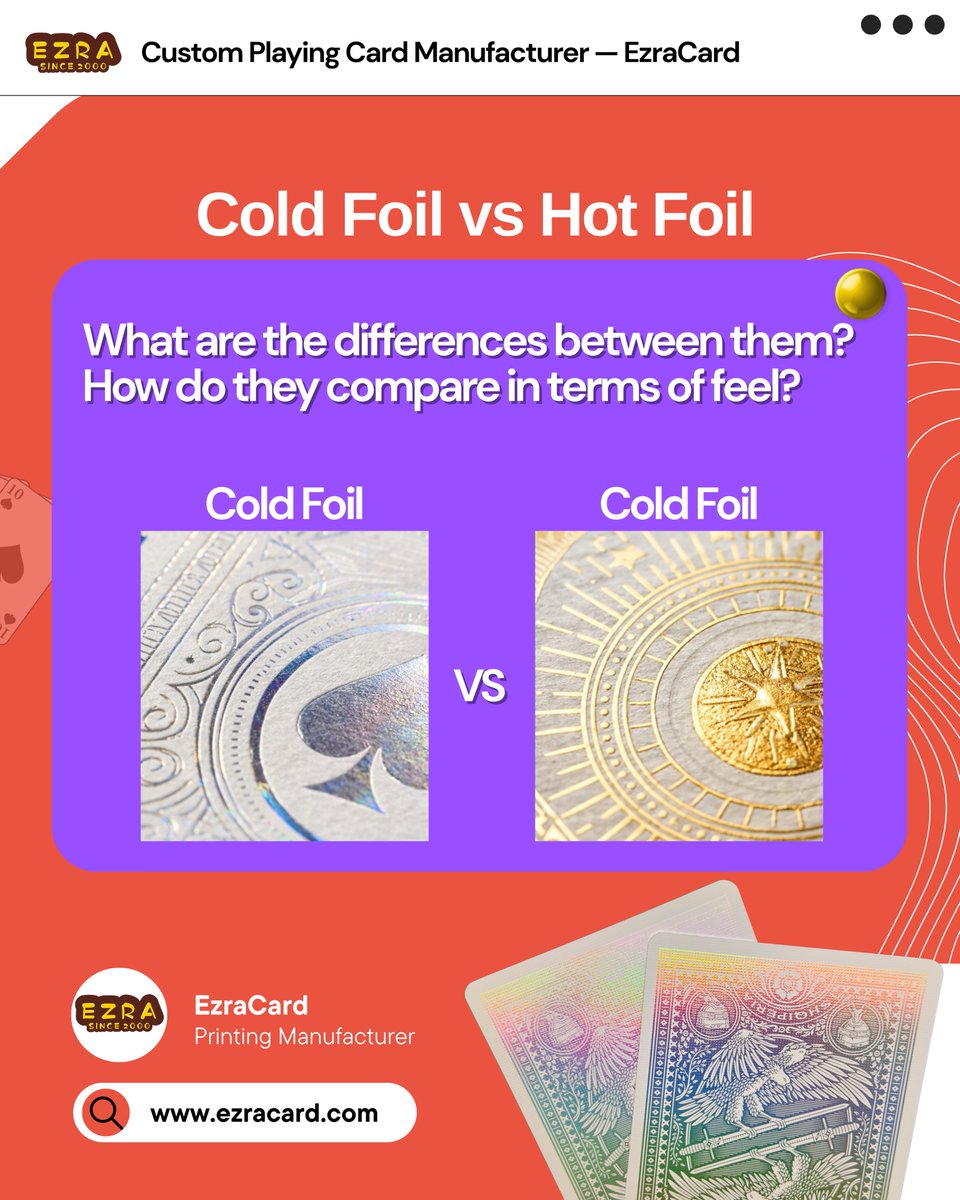 CustomGameDecks's tweet image. Hot foil vs. cold foil — same card, different finish.

From embossed metallic texture to smooth holographic effects, each foil process creates a different look and hand feel.

Choosing the right finishing method matters.