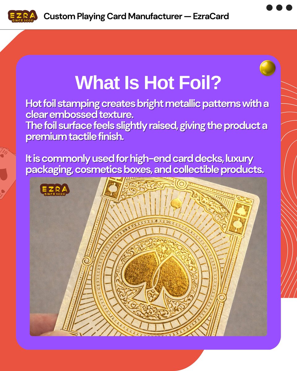 CustomGameDecks's tweet image. Hot foil vs. cold foil — same card, different finish.

From embossed metallic texture to smooth holographic effects, each foil process creates a different look and hand feel.

Choosing the right finishing method matters.