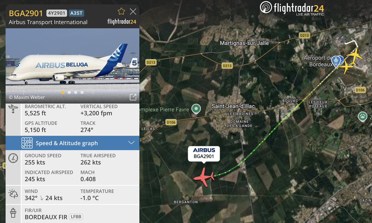 flightradar24's tweet image. Bye bye Beluga! BelugaST 5 has just departed on its final flight to its new home in Broughton.

Track here: flightradar24.com/BGA2901/3e1a15…