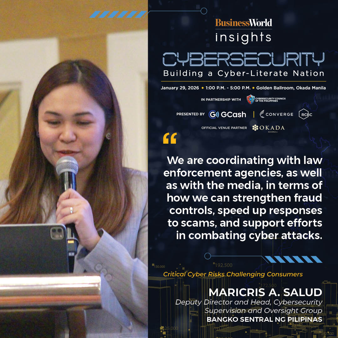 bworldph's tweet image. Banko Sentral ng Pilipinas Deputy Director and Head of Cybersecurity Supervision and Oversight Group Maricris A. Salud highlights the importance of inter-agency efforts in addressing cybersecurity.

#BusinessWorldInsights #Cybersecurity #CyberSafePhilippines