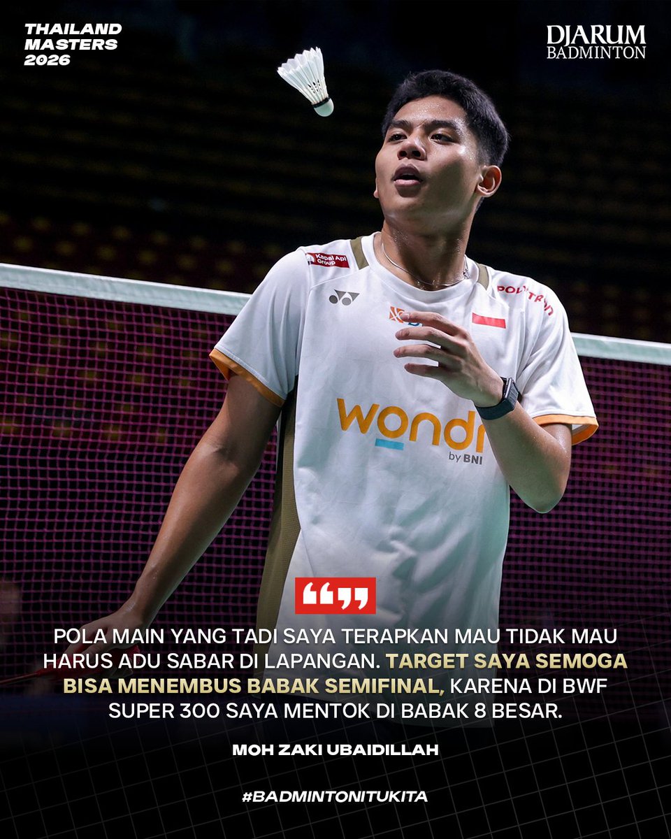 Moh. Zaki Ubaidillah melaju ke babak perempat final Thailand Masters 2026 usai menang dua gim langsung 21-13, 21-19 atas Arnaud Merkle (Prancis). 🔥🇮🇩

Dukung Ubed 🔥

#DjarumBadminton #News #ThailandMasters2026 #BadmintonItuKita #BadmintonIndonesia