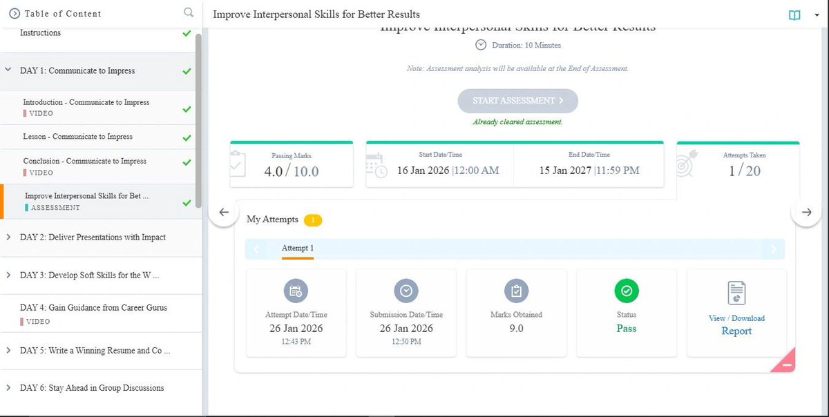 vijayshikhre's tweet image. 🌟 Started my learning journey with @TCS iON Career Edge – Young Professional (Batch 02)🚀

Day 1 focused on improving interpersonal skills. Completed the assessment with encouraging feedback!
Excited to grow consistently over the next 15 days.💡

#TCSiON #CareerEdge #SoftSkills