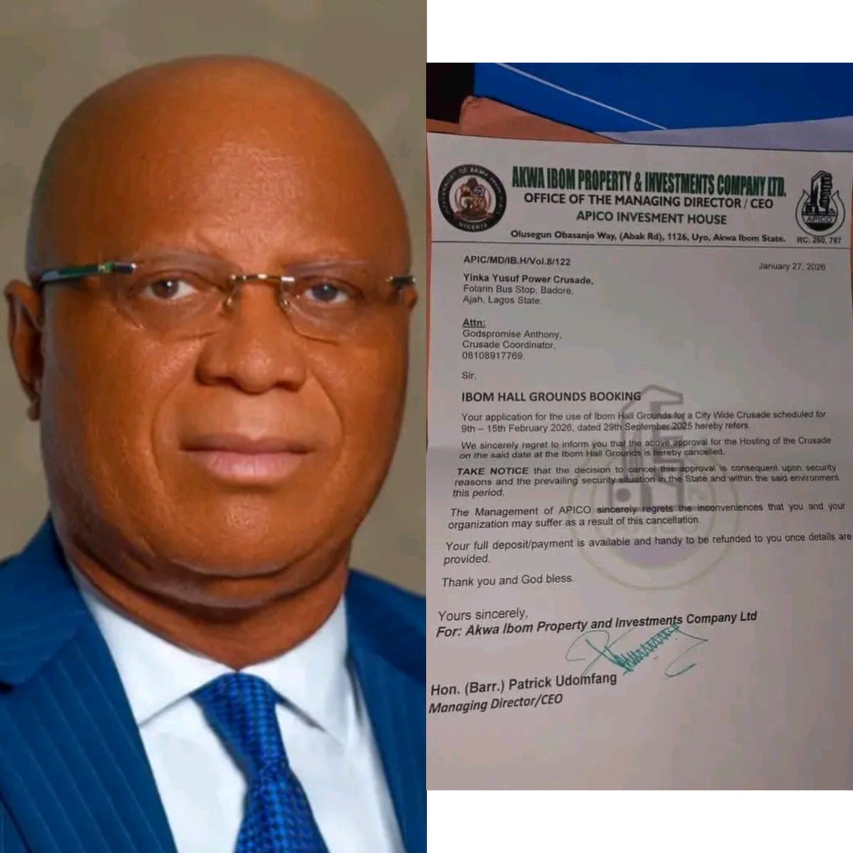 JerryJohnny8's tweet photo. BREAKING NEWS
AKWA IBOM STATE GOVERNMENT DECLARES UYO UNSAFE, CANCELS CHURCH CRUSADE
@_PastorUmoEno @rev_yinkayusuf
#Pastoryinka #yinkayusuf #bbvipks4
#LMSY #ALTIN #WilliamEst #justicapororelha #justicapororelha #GOLD #Yeralti #LISA #الأهلي_الاتفاق #liguedeschampions https://t.co/RjPYnOB9xS
