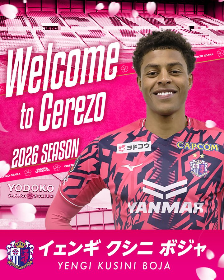 crz_english's tweet photo. Yengi Kusini Boja joins Cerezo Osaka on loan from Aberdeen FC🌸

🗣"I am looking forward to playing in front of the fans and supporters, and to competing as a member of this historic club"

Welcome to Cerezo Osaka!👏👏👏
Let's fight together✨
https://t.co/eycEf5oAxC
#CerezoOsaka https://t.co/yon15gH2Su