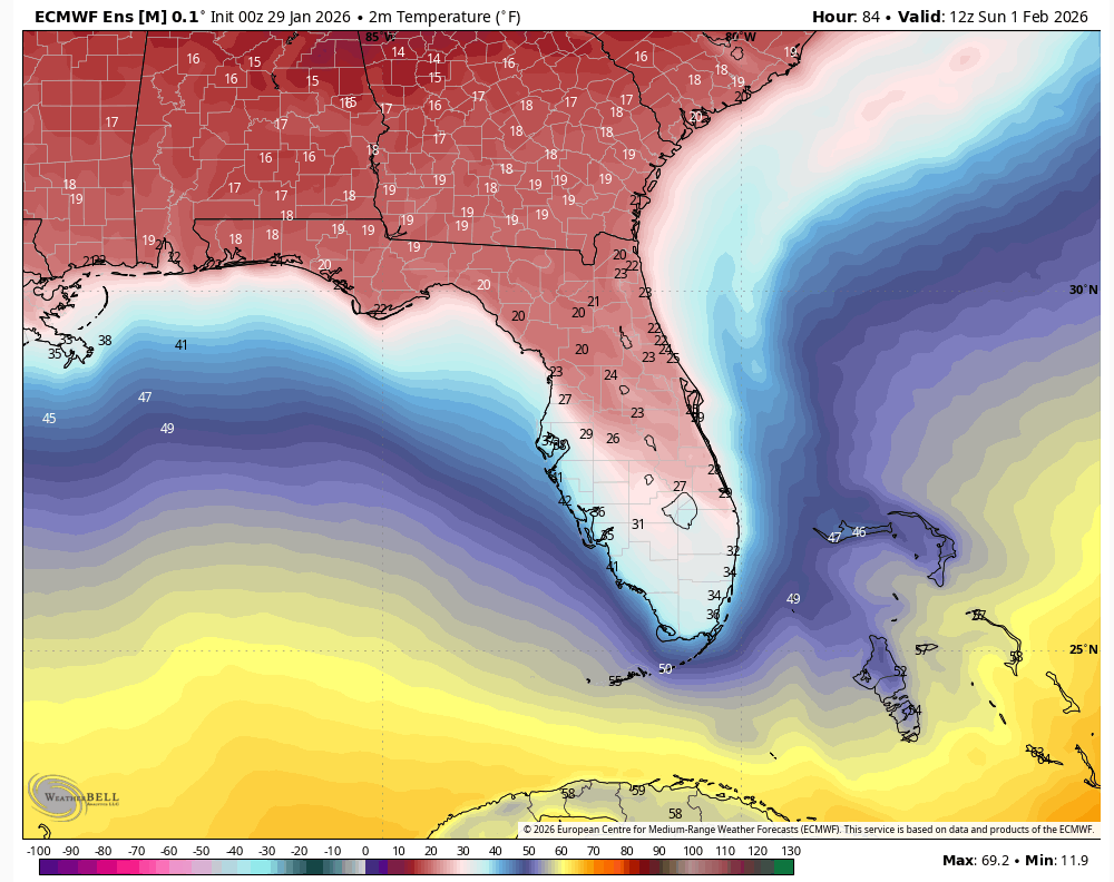 JimCantore's tweet photo. The ARCTIC FREEZE that will push south for Florida will be insane by Sunday morning.  Lows will be 30-35F below average almost statewide.  Teens for lows in the panhandle.   National Blend of Models (NBM) has 32F for Miami on Sunday morning! 

@weatherbell https://t.co/OmLcL7OpZg