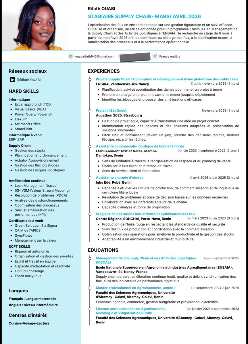 Les amis, j’ai ma sœur qui cherche actuellement un stage en supply chain, sachant le cardio que c’est d’en trouver un en France, j’ai fait un post LinkedIn. N’hésitez pas à le republier mais aussi à partager avec elle, toute opportunité dont vous auriez connaissance. #Rtapprecies