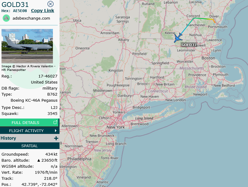 SirListenalot's tweet photo. #KC46 #AE5E08 #GOLD31 out of Pease (to Morรณn) on its way to pick up three #F18 #Growler's #TABOR51 out of Oceana (bound for Rota, Spain) over RADDS. KC46 #AE5F97 #GOLD32 (Pease - Morรณn) will join in later https://t.co/6n3myqdE5W
