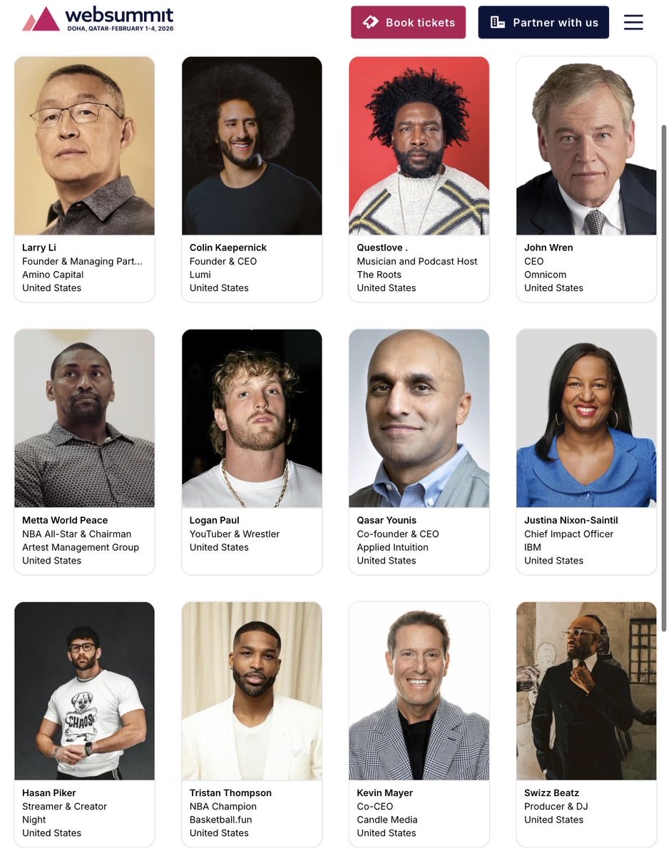 Awk20000's tweet photo. Hasan Piker &amp; Logan Paul set to make an appearance in Qatar for Web Summit 2026

Other notable American attendees include Colin Kaepernick, Metta World Peace, Tristan Thompson, Swizz Beatz &amp; many more https://t.co/10lzCBSG1j