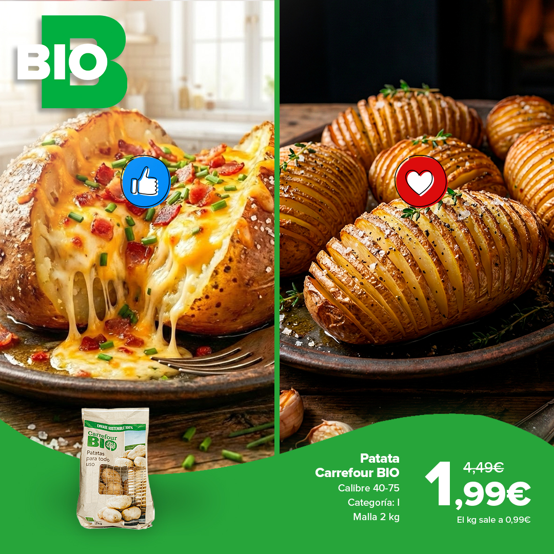 La #oferta de hoy son las patatas BIO 🥔
Cultivadas respetando el medio ambiente para ofrecerte todo el sabor de la tierra y máxima calidad🌿
¿Cómo las prefieres?
🧀 Rellenas y potentes
🔥 Asadas y saludables

#hipermercado #promociones #comersano #LosRosales #Coruña @carrefoures