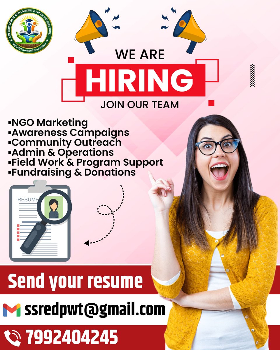 NGOSSRINDIA's tweet photo. 🚀 Join Our Best Team!
Make a difference with us through awareness, outreach &amp; social impact.
📧 ssredpwt@gmail.com
| 📞 7992404245
#HiringNow #NGOIndia #SocialImpact #CareerWithPurpose #trending #work https://t.co/bpZ9cZOdCv