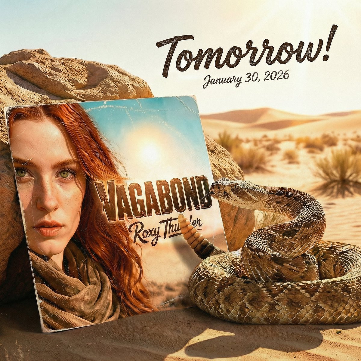XBlueDivision's tweet photo. Tomorrow.
Dust, heat, instinct. No way back.
⚡ VAGABOND drops January 30, 2026.
No flag. No home. Still moving on.
🔥🐍🎸
#RoxyThunder #Vagabond #ArenaRock #HardRock #80sRock #AIMusic #PostApocalyptic https://t.co/YO3XnW3QWb