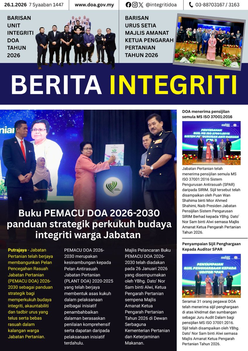 Integritidoa's tweet photo. Berita Integriti - Pelancaran Buku Pelan Pencegahan Rasuah Jabatan Pertanian (PEMACU DOA) 2026-2030 

#myDOA
#integritiDOA
#integriticerminanperibadi 
#MalaysiaMADANI
#berkhidmatuntuknegara https://t.co/ikPqbS8Ci7
