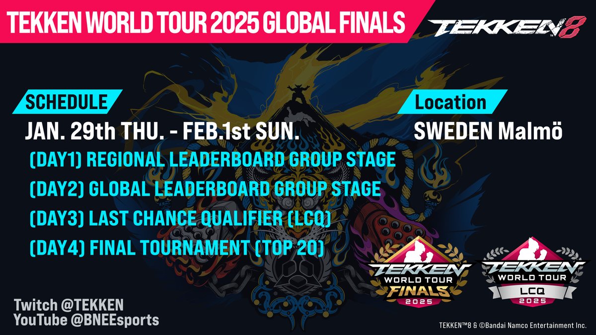 Get ready for four days of intense battles to crown this season's King of Iron Fist 🤜🤛

The #TEKKEN8 Global Finals will begin today, Jan. 29, until Feb. 1 in Malmö!

Watch it here👊
🟣twitch.tv/tekken
🔴youtube.com/@BNEesports