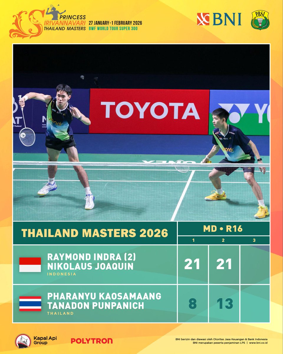 Tapil solid, Raymond/Joaquin susul Bagas/Leo dan Rian/Rahmat ke QF.

Good Game RayJo 👍🏻✨

#BadmintonIndonesia #ThailandMasters2026