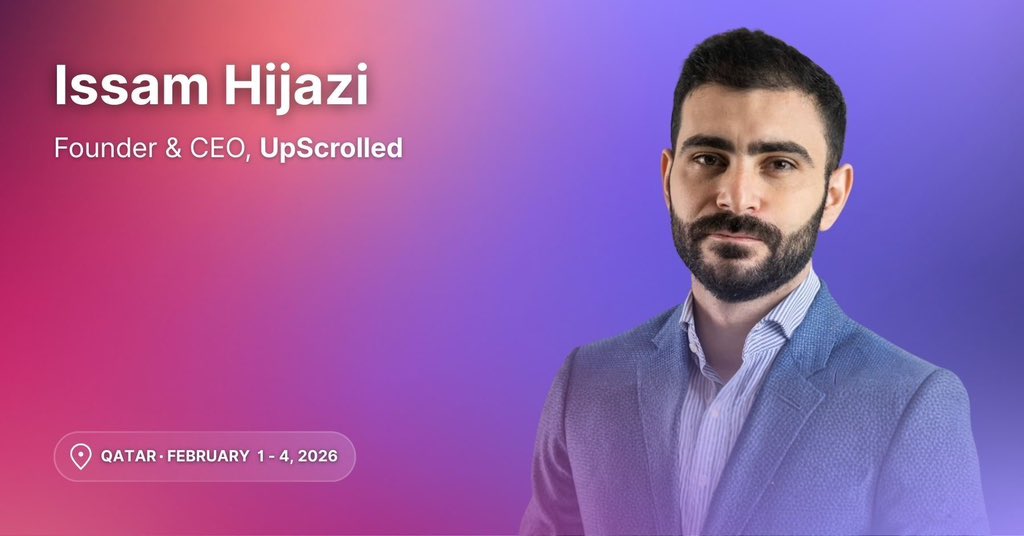 paddycosgrave's tweet photo. UpScrolled founder @issamhijazi speaking at @WebSummit Qatar opening night this Sunday. The breakout app of 2026. Cannot wait. - @realUpScrolled https://t.co/5sKCh65Qi0
