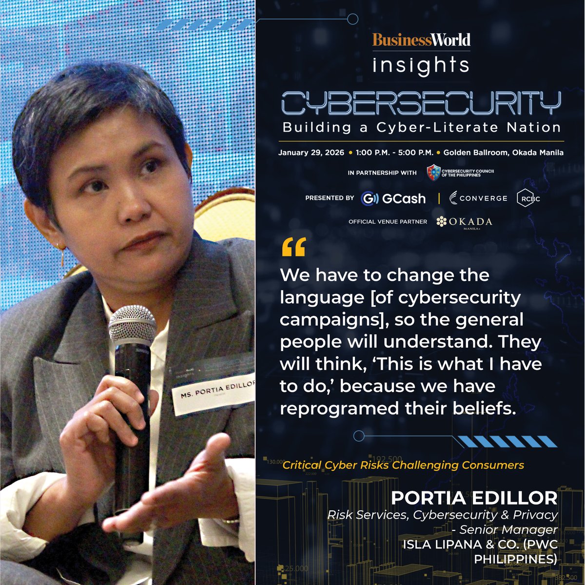 bworldph's tweet image. Portia Edillor of PwC Philippines raises the need for more understandable campaigns for #cybersecurity awareness and practice. 

#BusinessWorldInsights #CyberSafePhilippines