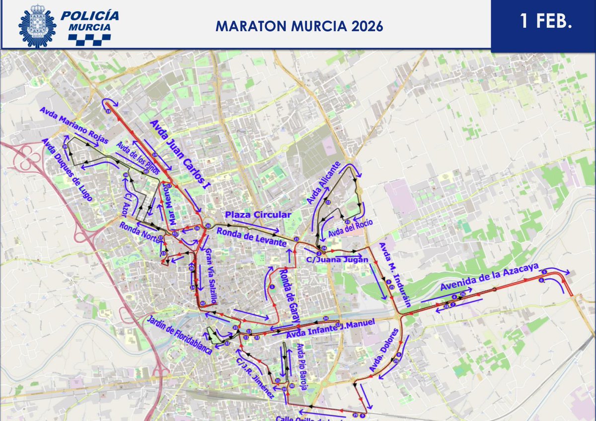 Este domingo se celebra el Maratón en #Murcia 🏃‍♂️🏃‍♀️
 Rogamos retirar los vehículos estacionados en el recorrido durante el sábado para facilitar el correcto desarrollo del evento.

 Consulta aquí el plano del itinerario 👇