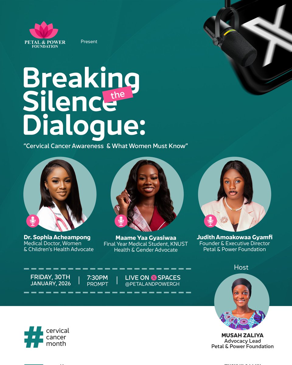 petalandpowergh's tweet photo. #CervicalCancer is the 2nd Most Common Cancer among women in Ghana. 

Join the @petalandpowergh on X Spaces tomorrow as we delve deep into conversations surrounding cervical cancer with our amazing speakers. 

Save the date! #cervicalcancerawarenessmonth https://t.co/qWRV7WGT30