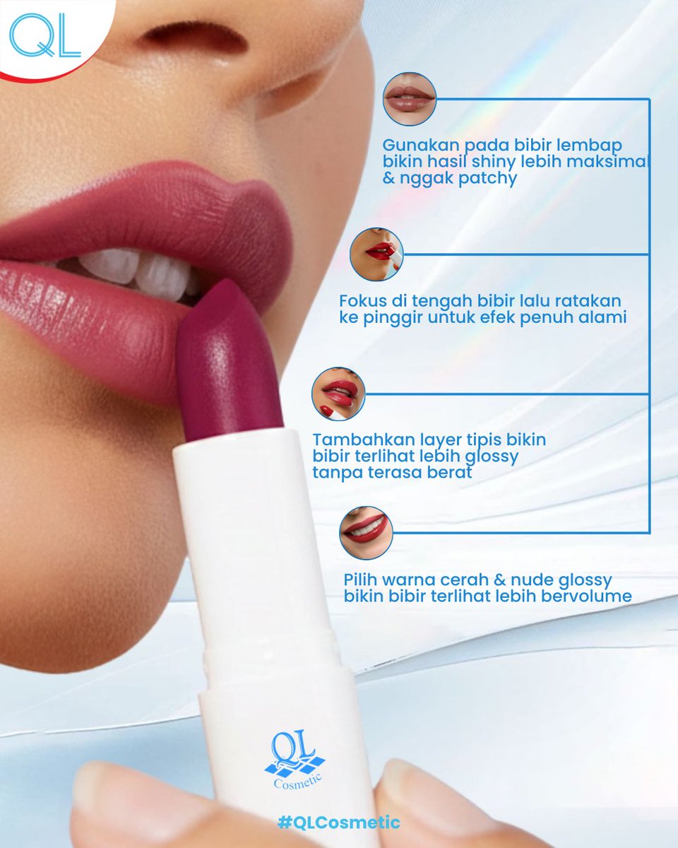 Bibir kelihatan lebih plumpy &amp; fresh? ✨

Kuncinya ada di cara pakai plus QL Shiny Lipstick.
Simple, glossy, dan bikin pede seharian!

#QLCosmetic #ShinyLips #MakeupDaily #KosmetikIndonesia #QLShiningLipstick
