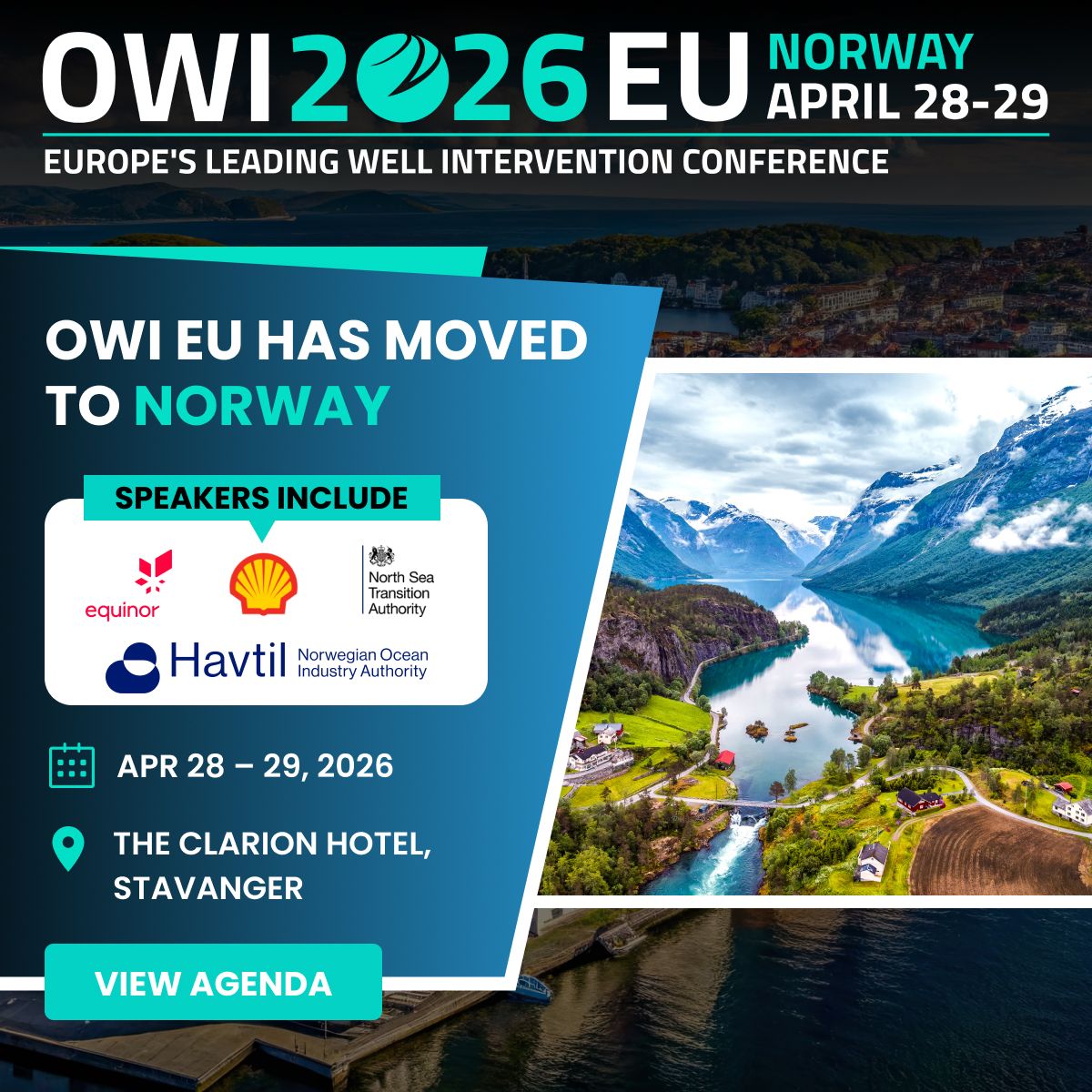 OWI EU is moving to Norway.

Stavanger | 28–29 April 2026
Positioned at the heart of Europe’s most active well operations market, with strong focus on #wellintervention, P&amp;A and CCS on the NCS.

Agenda live: zurl.co/Z7h61

#OWIEU2026 #PlugAndAbandonment #OffshoreEnergy